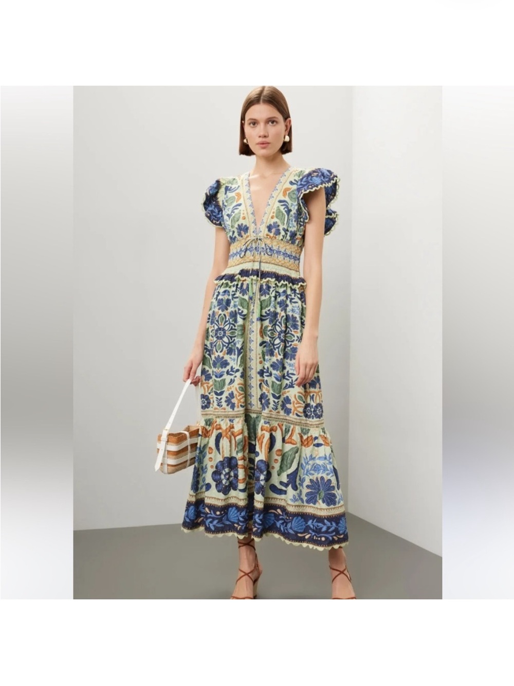 FARM Rio Blue and Green Floral V-Neck Maxi Dress